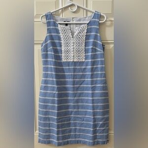 Talbots Petites Women's Linen Shift Dress 6P Blue White Stripped Embroidered